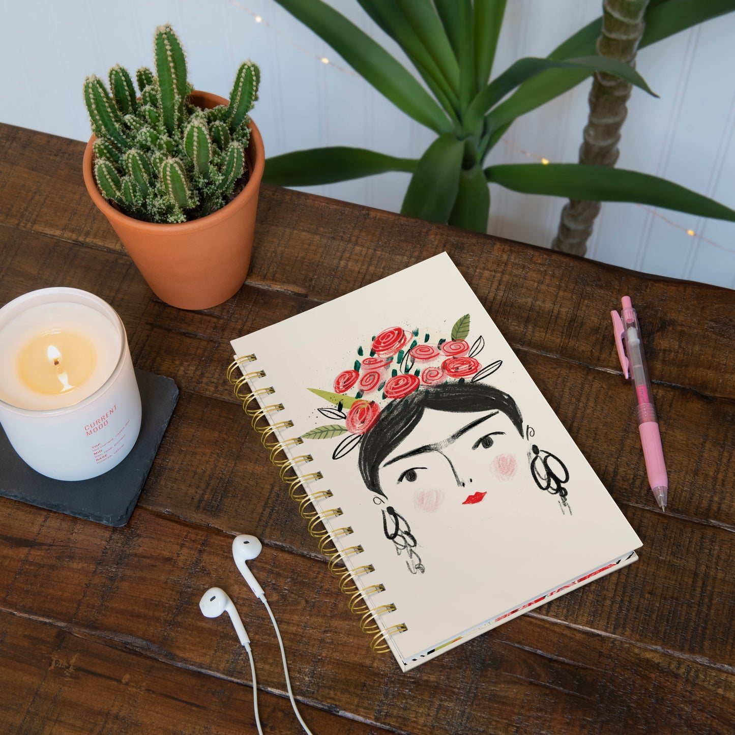 Portrait of Woman with Flower Crown Medium Spiral Notebook