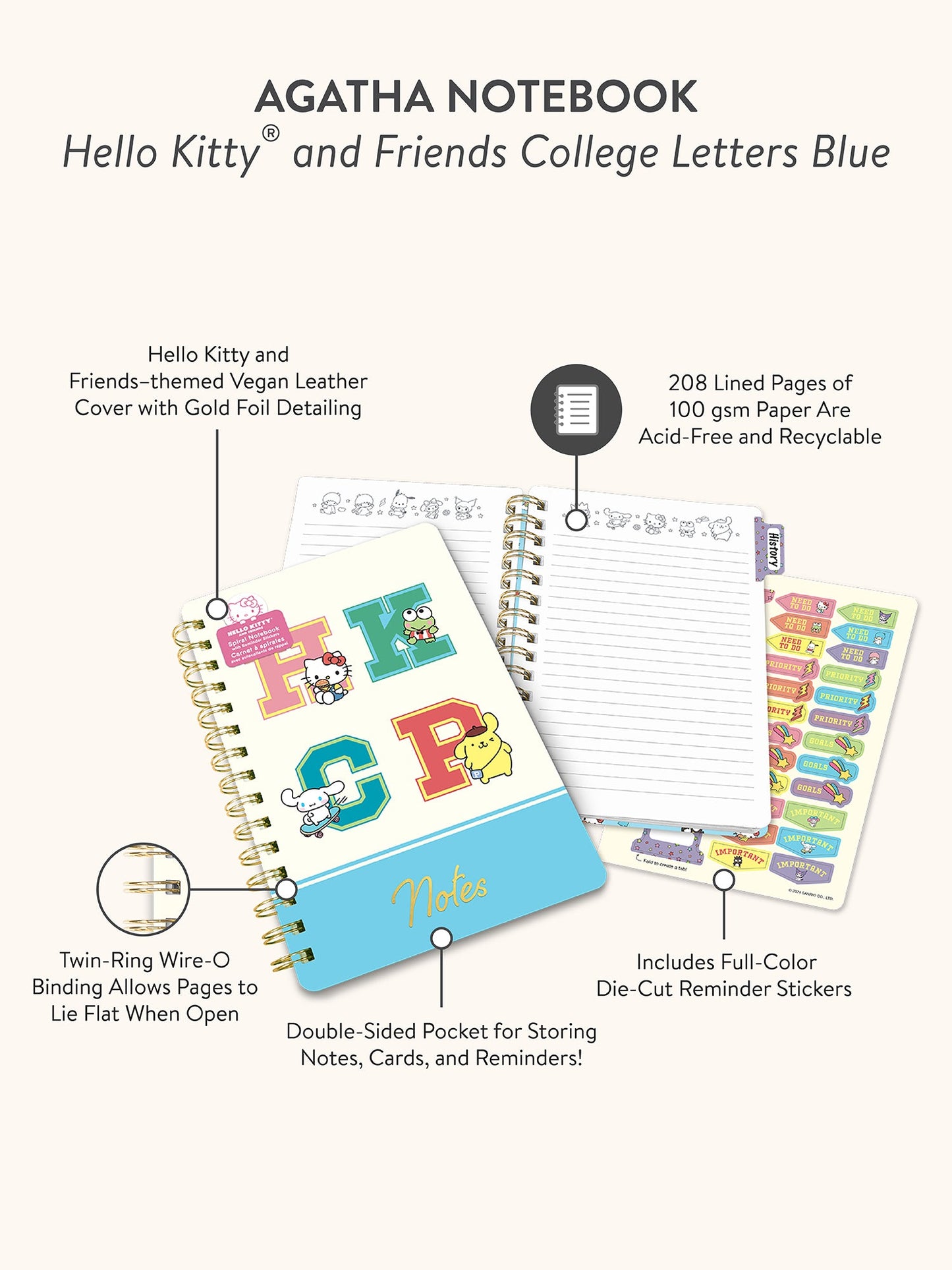 Hello Kitty and Friends College Letters Blue Agatha Notebook with Sticker Sheet