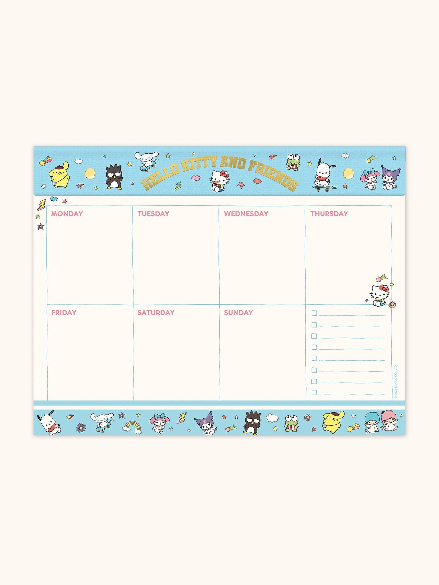 Hello Kitty and Friends College Letters Blue Weekly Desk Pad with Grommets & Sticker Sheet