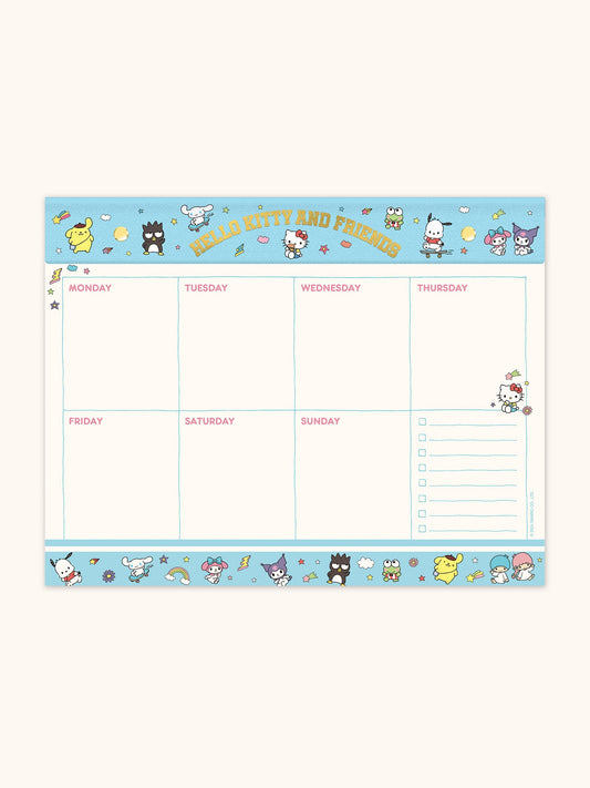 Hello Kitty and Friends College Letters Blue Weekly Desk Pad with Grommets & Sticker Sheet