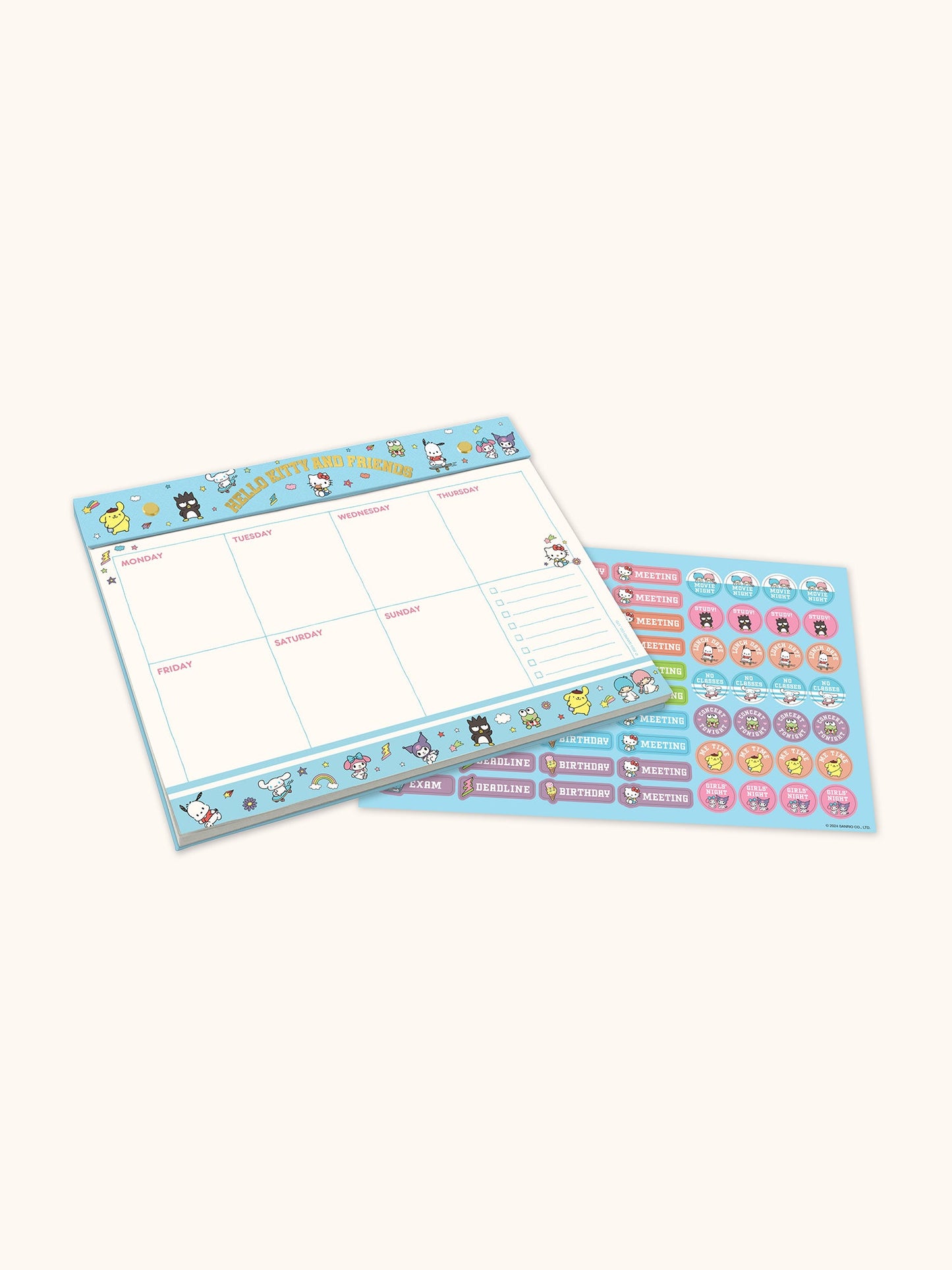Hello Kitty and Friends College Letters Blue Weekly Desk Pad with Grommets & Sticker Sheet