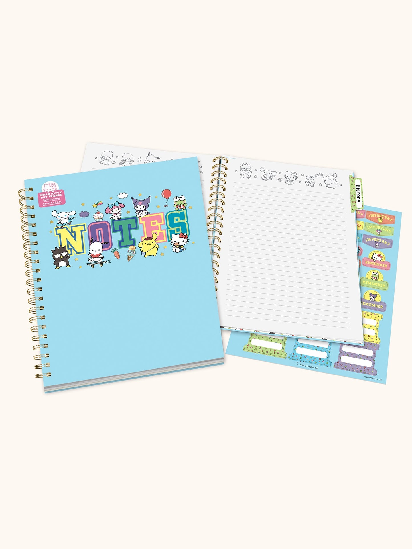 Hello Kitty and Friends College Letters Blue Extra-Large Spiral Notebook with Pocket & Sticker Sheet
