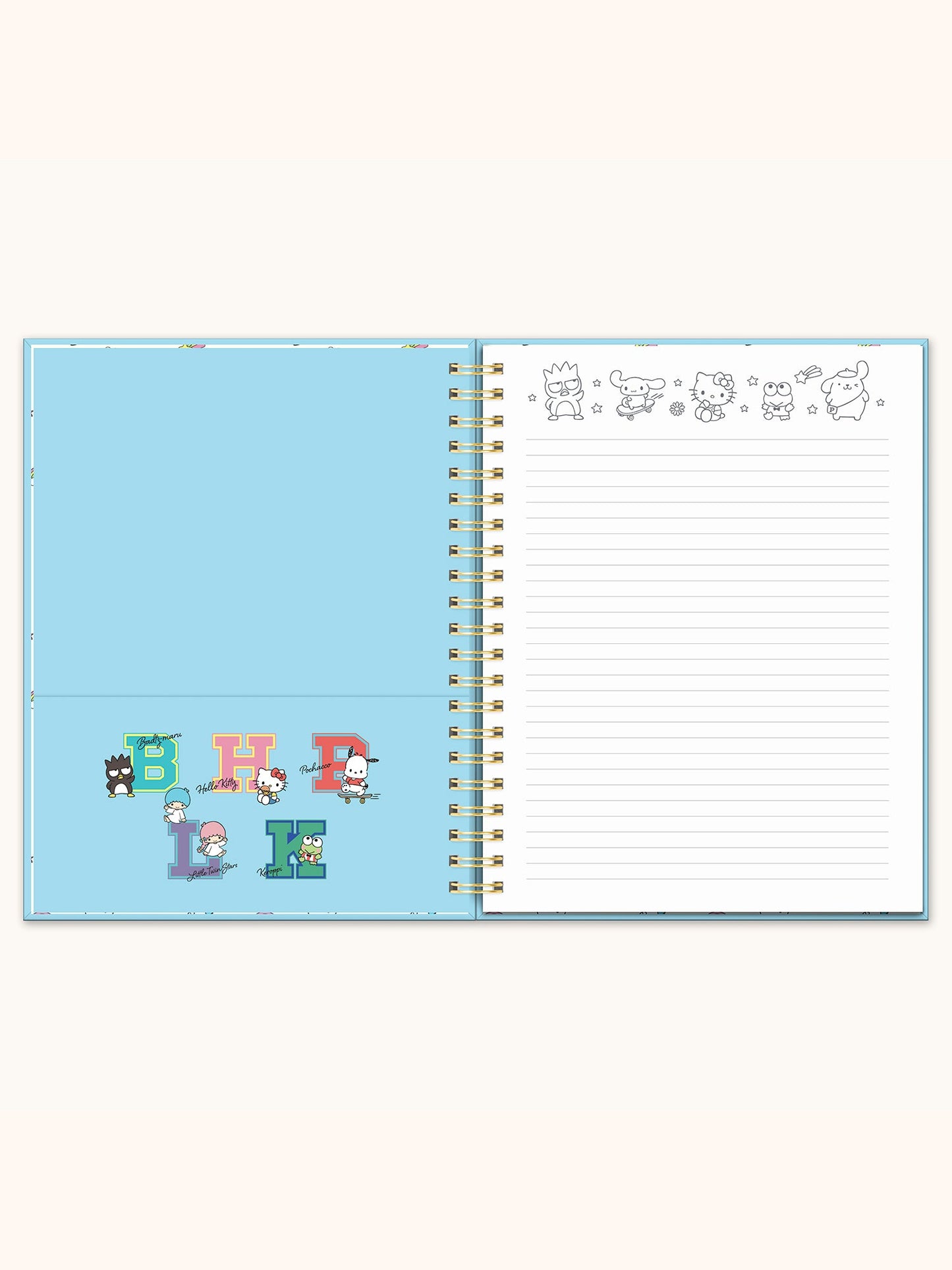 Hello Kitty and Friends College Letters Blue Extra-Large Spiral Notebook with Pocket & Sticker Sheet