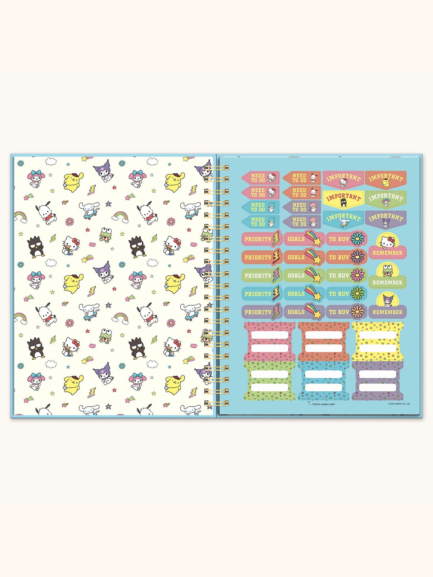 Hello Kitty and Friends College Letters Blue Extra-Large Spiral Notebook with Pocket & Sticker Sheet