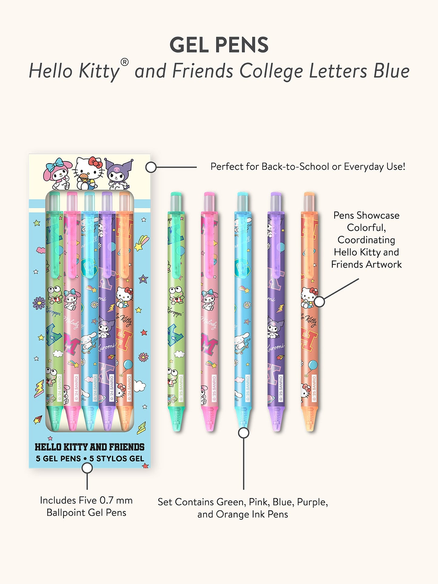 Hello Kitty and Friends College Letters Blue Gel Pen Set