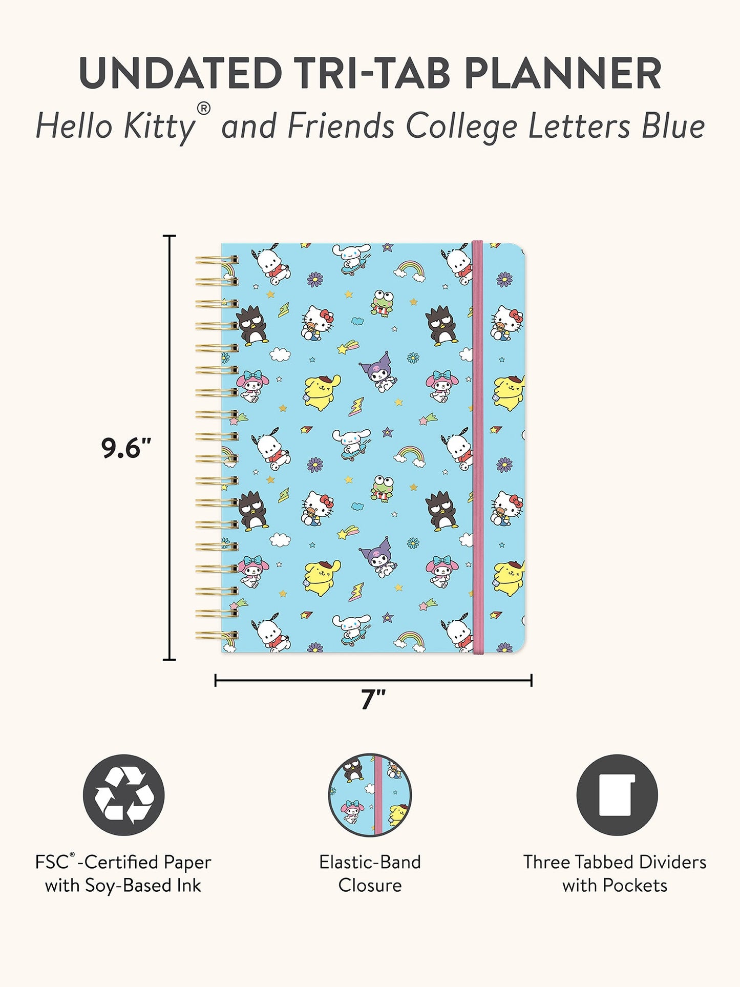 Hello Kitty and Friends College Letters Blue Undated Tri-Tab Planner