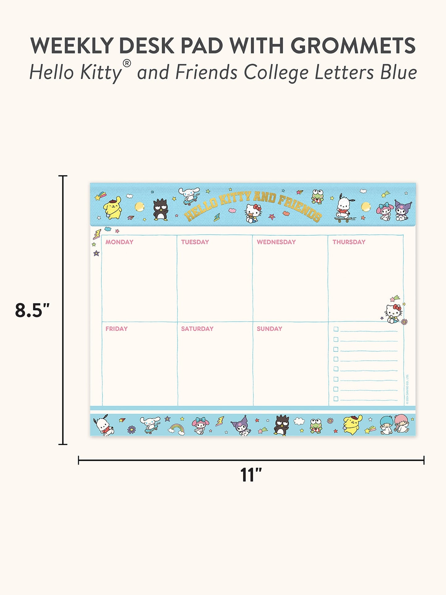 Hello Kitty and Friends College Letters Blue Weekly Desk Pad with Grommets & Sticker Sheet