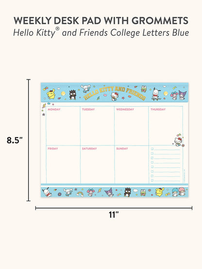 Hello Kitty and Friends College Letters Blue Weekly Desk Pad with Grommets & Sticker Sheet