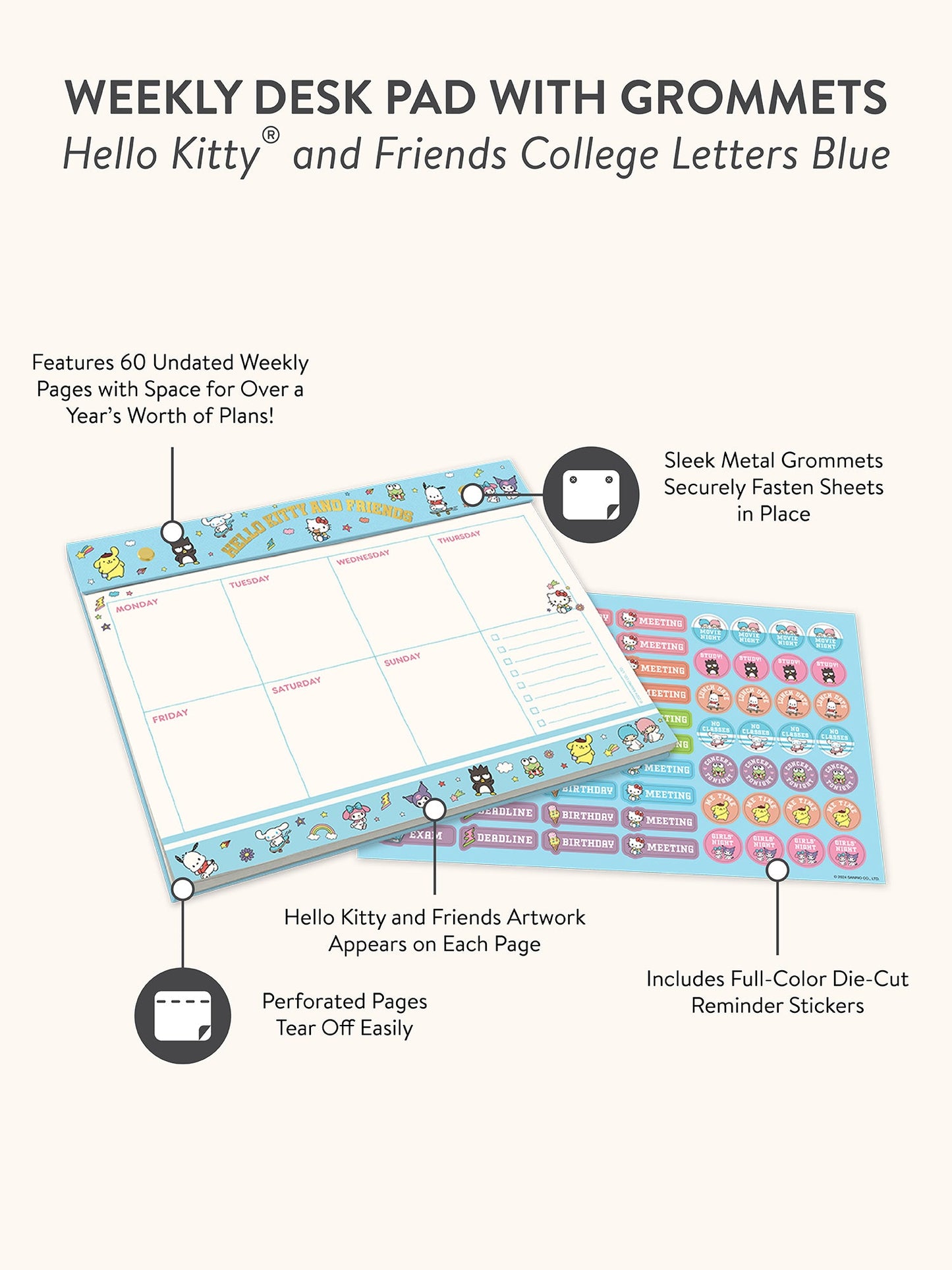 Hello Kitty and Friends College Letters Blue Weekly Desk Pad with Grommets & Sticker Sheet