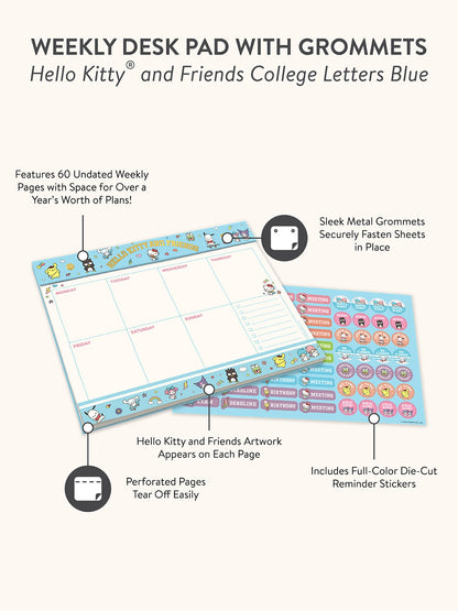 Hello Kitty and Friends College Letters Blue Weekly Desk Pad with Grommets & Sticker Sheet