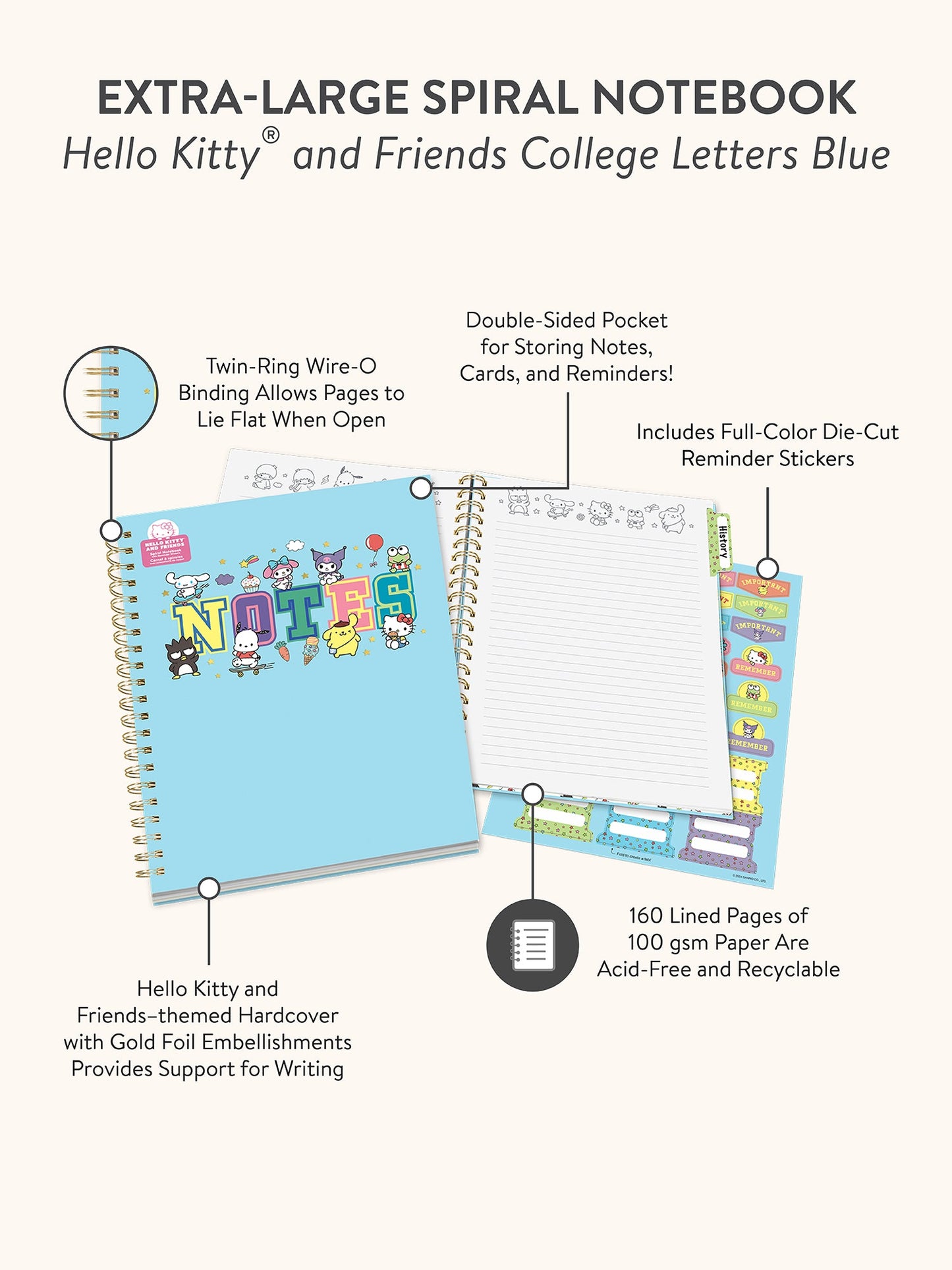 Hello Kitty and Friends College Letters Blue Extra-Large Spiral Notebook with Pocket & Sticker Sheet