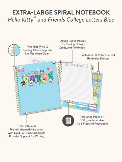 Hello Kitty and Friends College Letters Blue Extra-Large Spiral Notebook with Pocket & Sticker Sheet