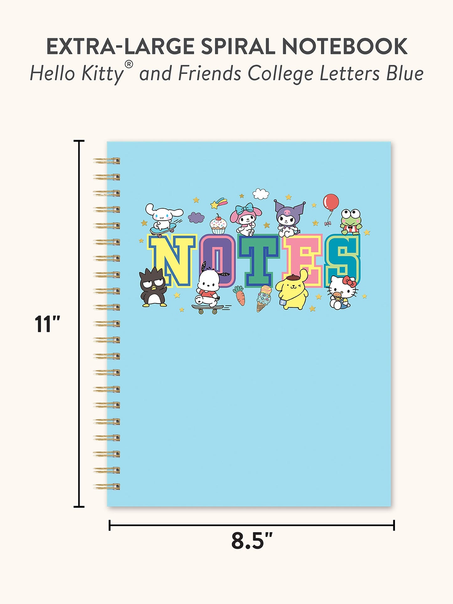Hello Kitty and Friends College Letters Blue Extra-Large Spiral Notebook with Pocket & Sticker Sheet