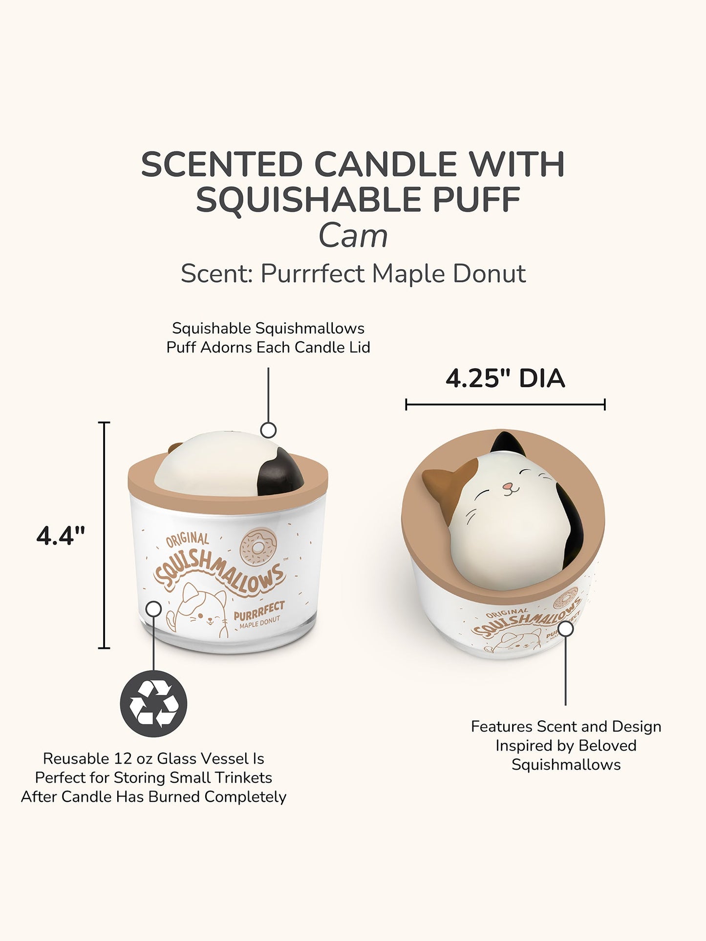 Squishmallows Cam Candle with Squishy Puff - Purrrfect Maple Donut