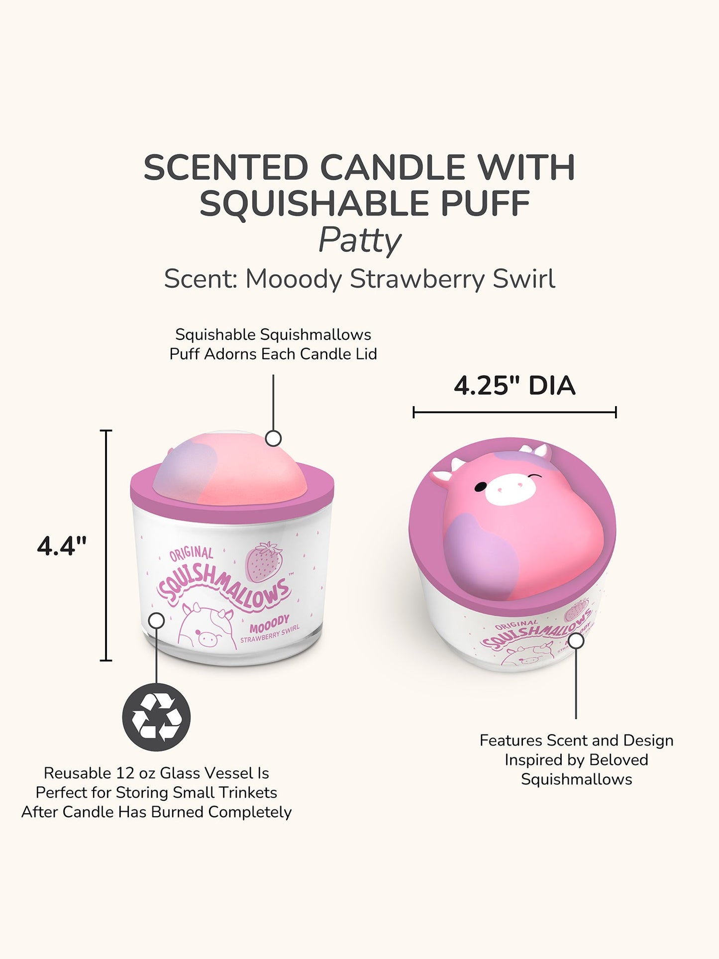 Squishmallows Patty Candle with Squishy Puff - Moody Strawberry Swirl